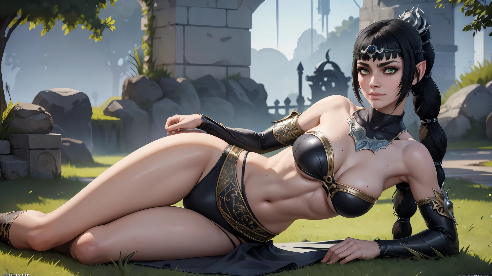 face expression smirk,smirkinggreen eyes shadowheart ,oiled skin,solo, masterpiece, best quality, shadowheart, black hair, braided ponytail, green eyes, big tits, vagina ,circlet,full body , full shot , unhappy, sketch, looking at viewer, city background, posing , sexy pose, blushing, oily skin, sexy, big tits, sexy pose,abs,muscular,forest , glowing eyes,medieval buildings, (sexy posed)