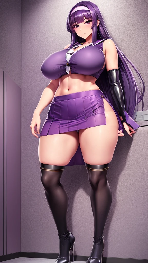 a big age girl big breast beautiful sexy ninja dark purple hair long hip her purple eye black eyelash big round she dresses purple blouse with sleeveless buttons exposed abdomen navel and a short purple skirt pair of net socks Transparent black boot