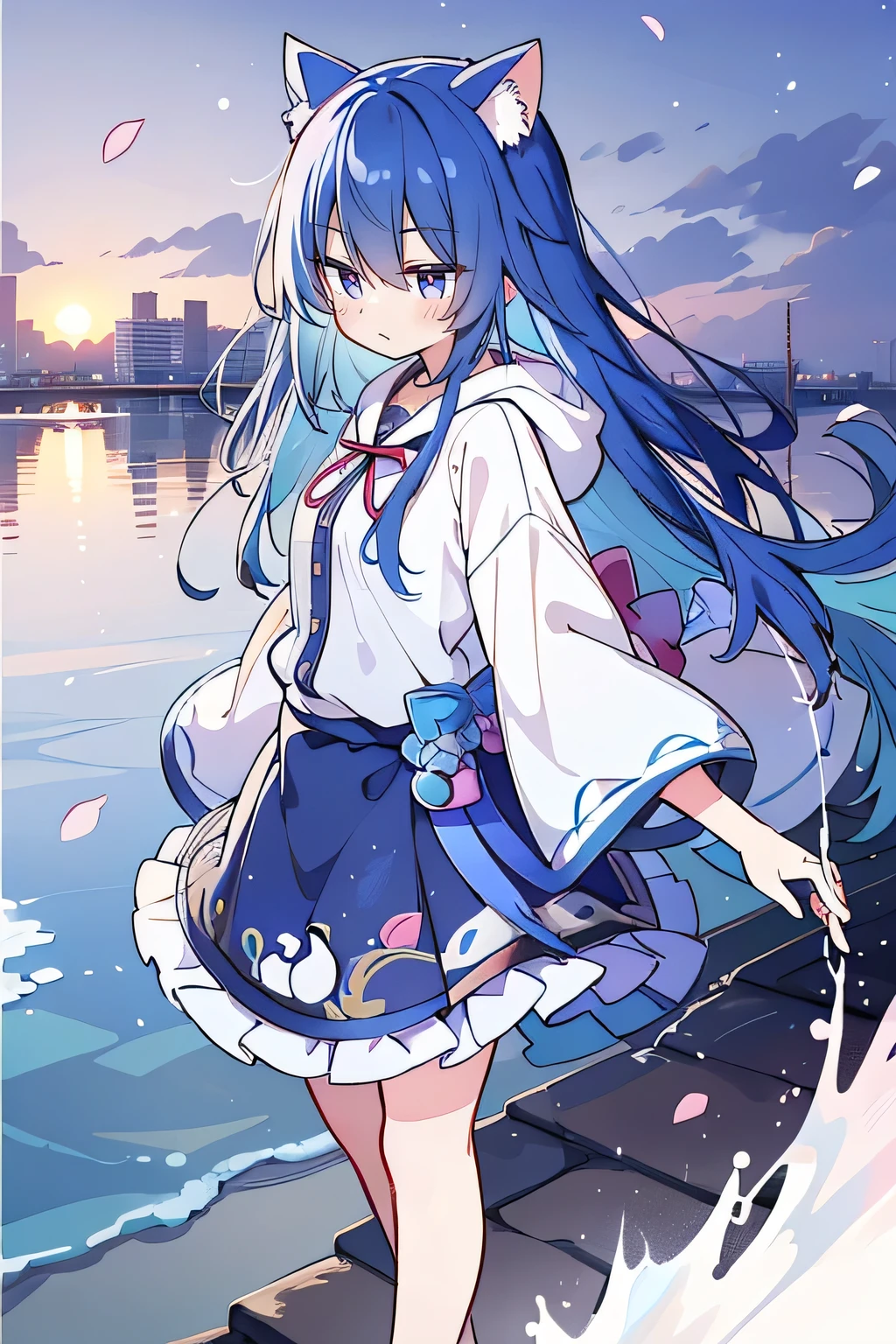 （masterpiece：1.2），Super detailed，lifelike，Expressive eyes，fair skin，perfect face shape，1 girl，
Japanese comics,Gorgeous blue hair,flowing blue hair,flowing clothes,Cat ears,Petals fall,beautiful lola,Baby Angel,sunrise,
Shaking head with one hand，Cross your legs，Gentle and peaceful background，The pavilion is cool and comfortable,smile, wearing hoodie, background of tokyo,back views,snowing, winter，seaside，wet clothes，A smile，A faint smile，。