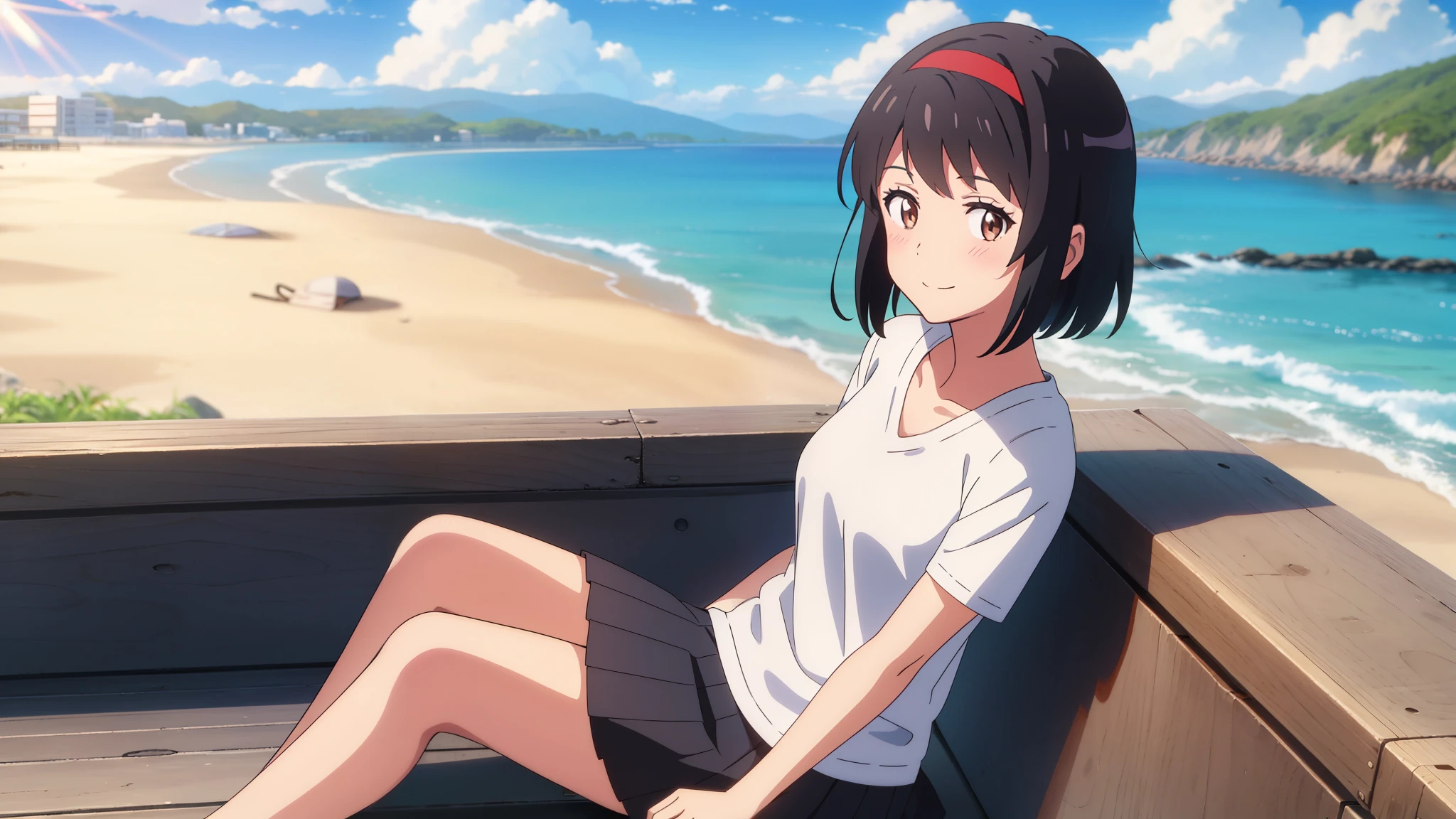 shinkai makoto, kimi no na wa., 1girl, bangs, black hair, blushing, brown eyes, casual clothes, white t-shirt, black pleated skirt, red headband, red ribbon, short hair, smiling, cute, solo, looking at viewer, outdoors, summer, beach, cloudy, sunlight, sitting on the ground, full body