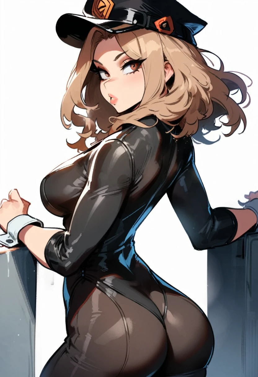 1girl, utsushimi kemii, boku no hero academia \\\\\ masterpiece, best quality, very aesthetic, absurdres, newest \\\\\\ slim body,///// ,by nyantcha,cutesexyrobutts , by khyle,,////// beautiful face, light brown hair ,plump and glossy lips, . , , dark brown eyes,, cap, black catsuit . She wears white cuffs around her wrists,,standing, white background, (back view:1.2), ass view
