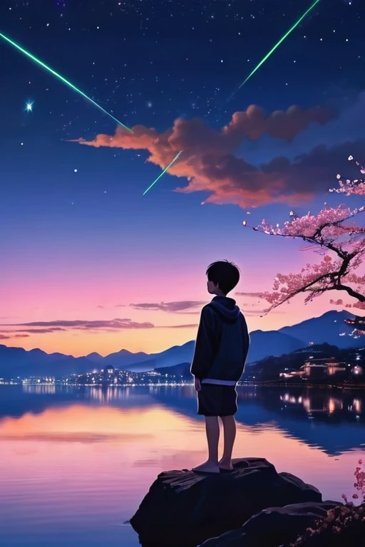 (masterpiece:1.35),(最high quality:1.4),8K,Super detailed,photograph,(Ultra-realistic:1.4),Art composition,(One boy:1.48),Asian slim boy,(alone:1.44),short hair,Perfect Skin,(Very fine hair),(Very fine grain),Perfect Fingers,Natural skin texture,Brown eyes,Stormy Skies,(Twinkling Star,Sunset gradient,Mountain silhouette,cherry blossoms,City skyline,Neon Light,Sea horizon,Mysterious Forest,ancient ruins,Crystal Lake,Floating Island,Bioluminescent Water,high quality,night,High resolution:1.48),Bokeh:3,