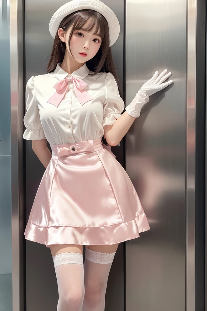 Highest quality、Elevator Girl、Shiny silk dress、Short pink jacket、White blouse with ribbon、Micro Mini Skirt、A small round hat with a ribbon、Skinny、White gloves、White over-the-knee socks、Flushed Cheeks、Embarrassed look、Pull the skirt down with your hands