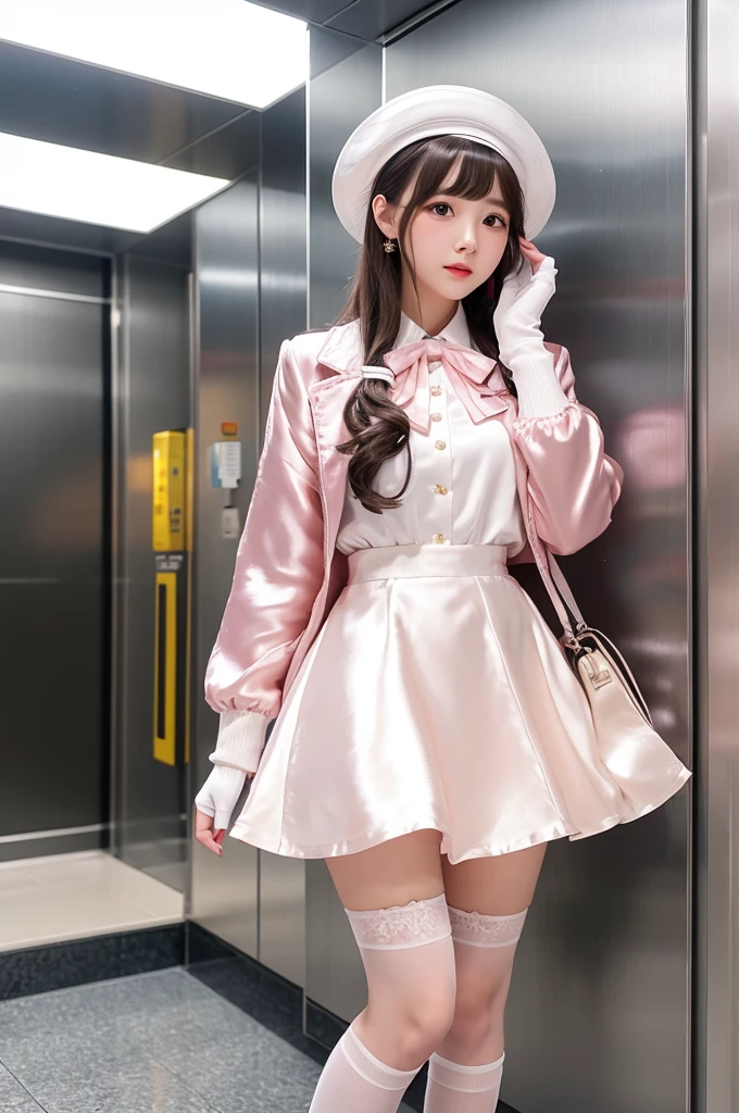 Highest quality、Elevator Girl、Shiny silk dress、Short pink jacket、White blouse with ribbon、Micro Mini Skirt、A small round hat with a ribbon、Skinny、White gloves、White over-the-knee socks、Flushed Cheeks、Embarrassed look、Pull the skirt down with your hands