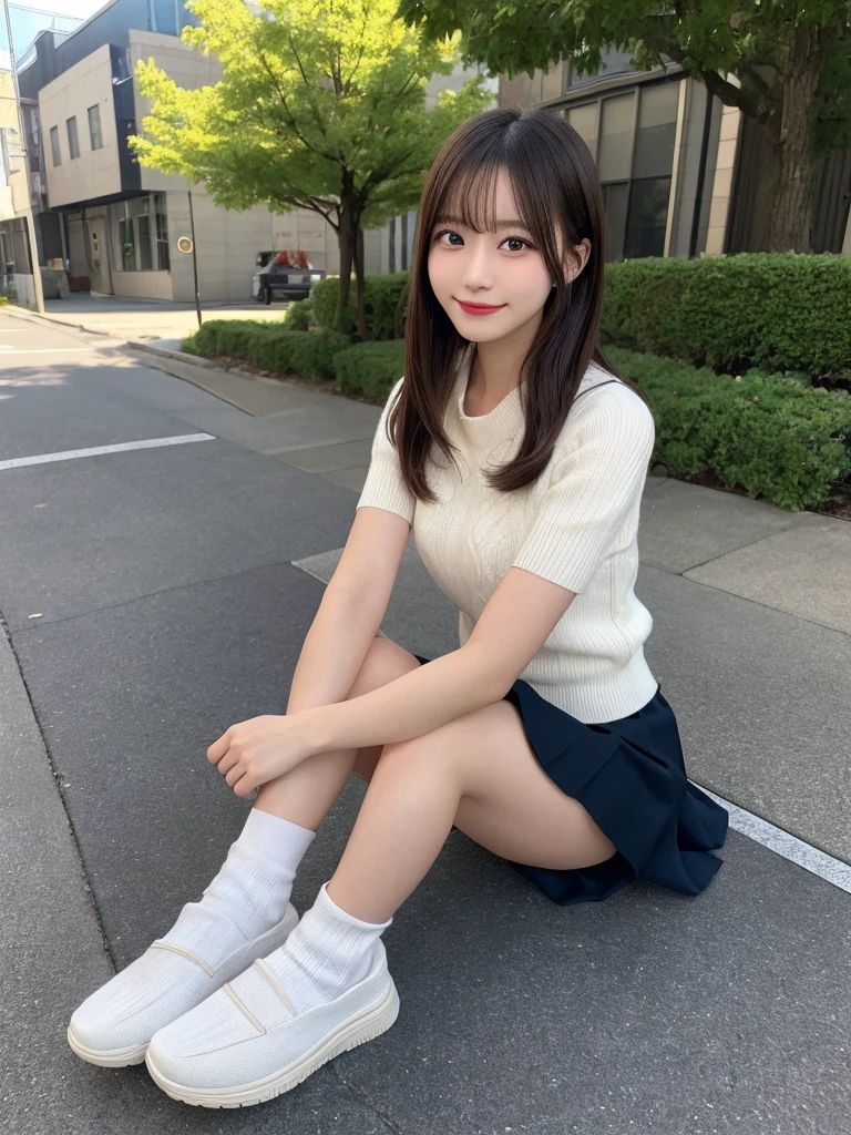 (8k, ultra high res) (best quality) (photo-realistic) (ultra detailed skin), light shadow, Natural lighting, looking_at_viewer
1girl,(Japanese ,kogal),smile,miniskirt,sweater_vest,long_hair,outdoors,((long-white-slouchy-socks)and loafers, ), tree, streetgrey_skirt,building,pleated_skirt