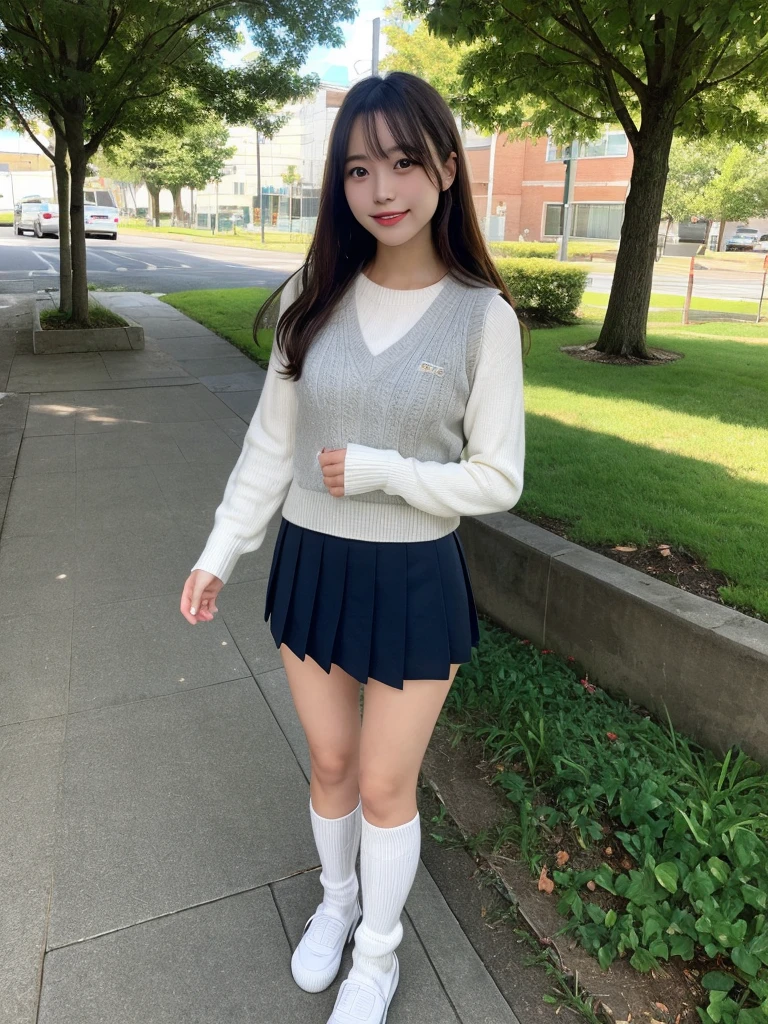 (8k, ultra high res) (best quality) (photo-realistic) (ultra detailed skin), light shadow, Natural lighting, looking_at_viewer
1girl,(Japanese ,kogal),smile,miniskirt,sweater_vest,long_hair,outdoors,((long-white-slouchy-socks)and loafers, ), tree, streetgrey_skirt,building,pleated_skirt