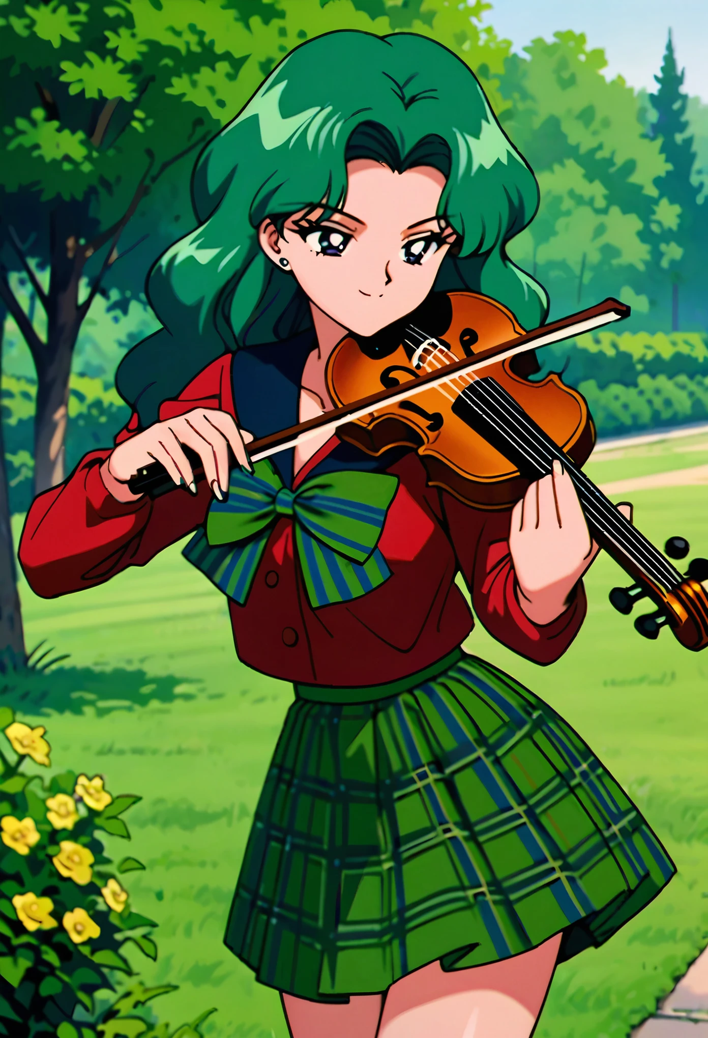 masterpiece,best quality,very aesthetic,ultra detailed,intricate details,Sailor Neptune XL,1990s \(style\),1girl,solo,stud earrings,long hair,green eyes,green hair,instrument,violin,solo,music,skirt,playing instrument,bow,striped bow,mugen ,red shirt,long sleeves,shirt,plaid skirt,striped,plaid,garden,smile,