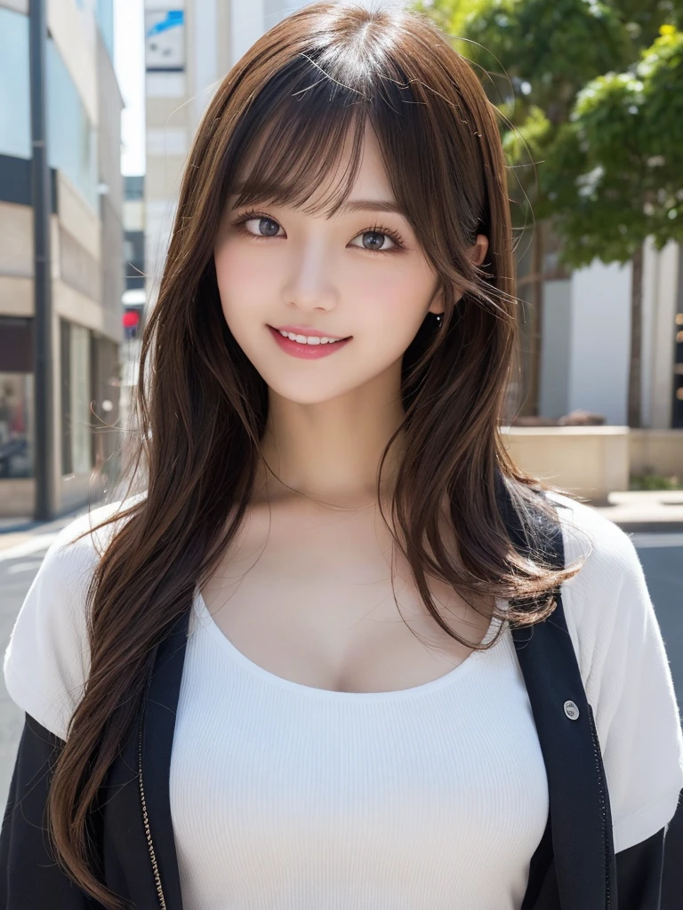 masutepiece, Best Quality, Illustration, Ultra-detailed, finely detail, hight resolution, 8K Wallpaper, Perfect dynamic composition, Beautiful detailed eyes, Women's Fashion Summer,Medium Hair,Small breasts natural color lip, Bold sexy poses,Smile,Harajuku、20 years girl、Cute、Sexy shot looking at camera