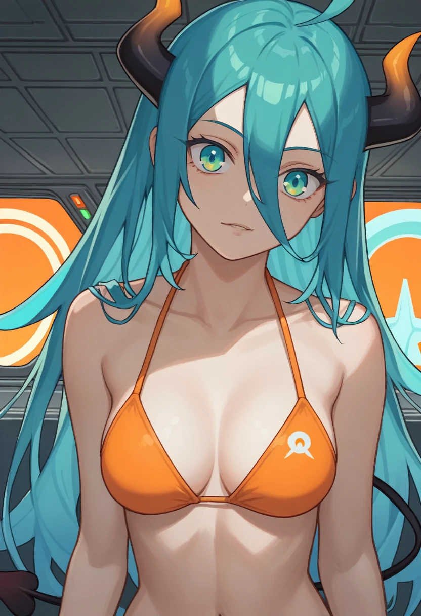 score_9, score_8_up, score_7_up,1 daemon woman, black demon horns, black demon tail, (aquamarine hair),aquamarine green color hair,ahoge, long hair, (long hair),bangs, light orange bikini, bikini is orange, bikini orange, orange bikini!, (aquamarine eyes), background is spaceship, aquamarine eyes, 1woman ,facing viewer, daemon girl, close up,Well-endowed, alone, Spacecraft interior