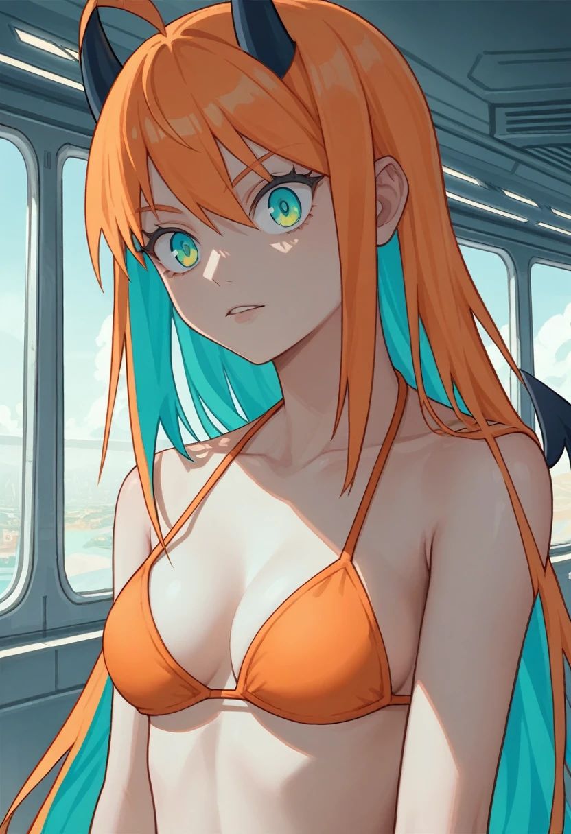 score_9, score_8_up, score_7_up,1 daemon woman, black  demon horns, black demon tail, (aquamarine hair),aquamarine green color hair,ahoge, long hair, (long hair),bangs, light orange bikini, bikini is orange, bikini orange, orange bikini!, (aquamarine eyes), background is spaceship, aquamarine eyes, 1woman ,facing viewer, daemon girl,  close up,Well-endowed, alone, Spacecraft interior