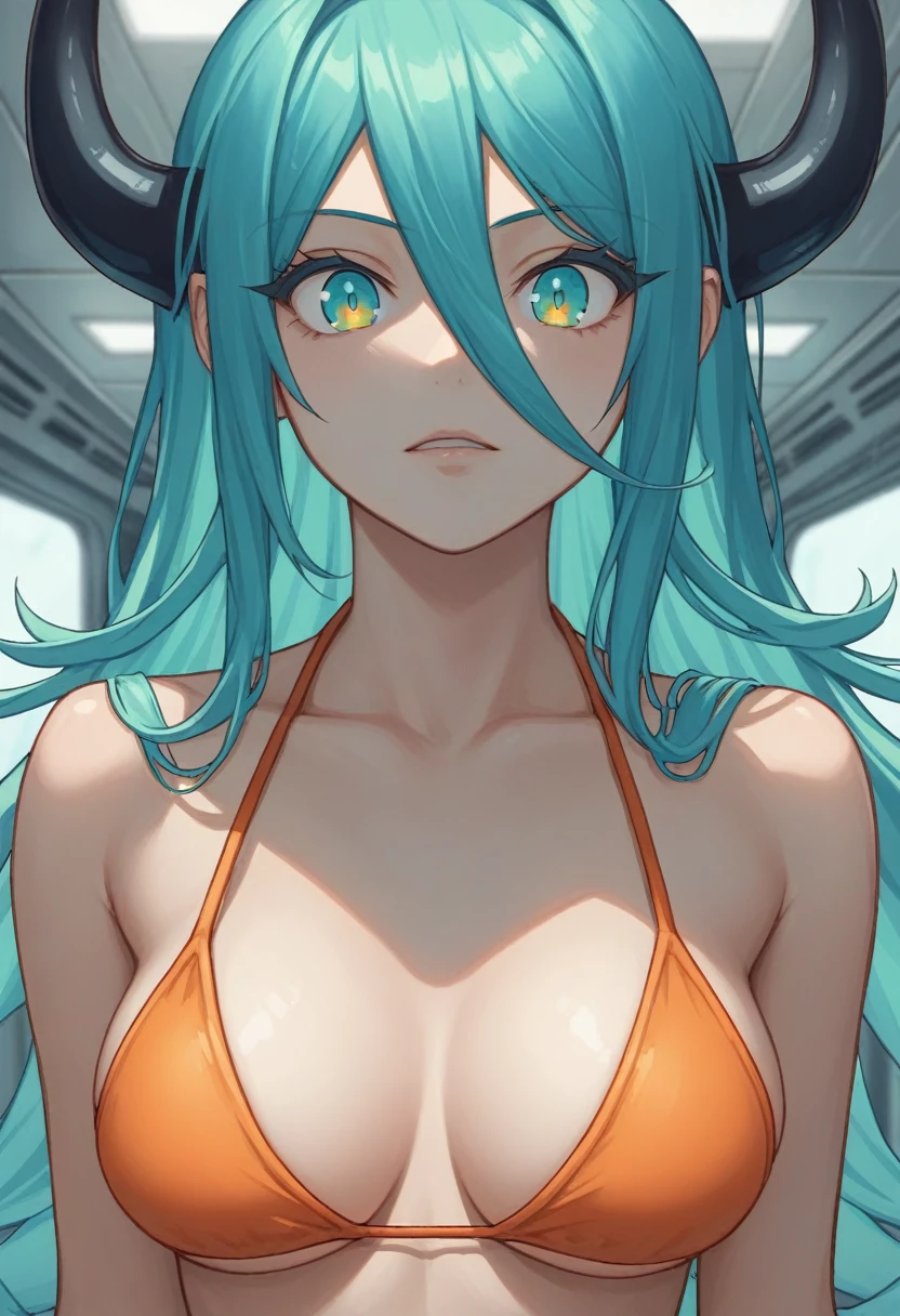 score_9, score_8_up, score_7_up,1 daemon woman, black  demon horns, black demon tail, (aquamarine hair),aquamarine green color hair,ahoge, long hair, (long hair),bangs, light orange bikini, bikini is orange, bikini orange, orange bikini!, (aquamarine eyes), background is spaceship, aquamarine eyes, 1woman ,facing viewer, daemon girl,  close up,Well-endowed, alone, Spacecraft interior