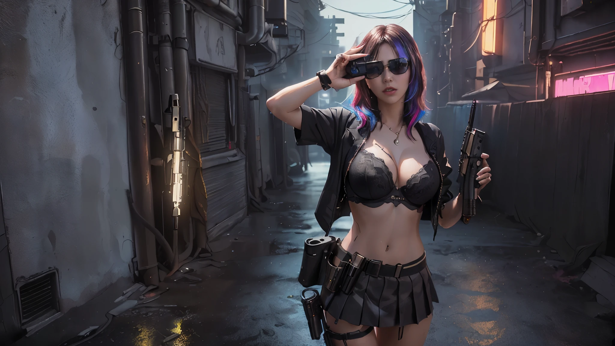 (Realistic:1.4) cyberpunk girl images, (highest quality, 8k, 32k, masterpiece) , (Dynamic pose), ((Front camera)), Cowboy Shot, Shapeless hair, Multicolored Hair, Colorful cyberpunk combat armor, Depth of written interface f/1.8, high angle view of Cyberpunk city at night as background. (((1girl, solo))), photo realistic, (medium-breast slim body, cleavage), (((full bra top, extreamly short pleated (((miniskirt))) exposing panty))), (((((matrix style black sunglasses))))), (((((((aiming at viewer with a (pistol), (looking at camera)))))))), (((((half-body (thigh level) medium shot))))), (cinematic lighting).