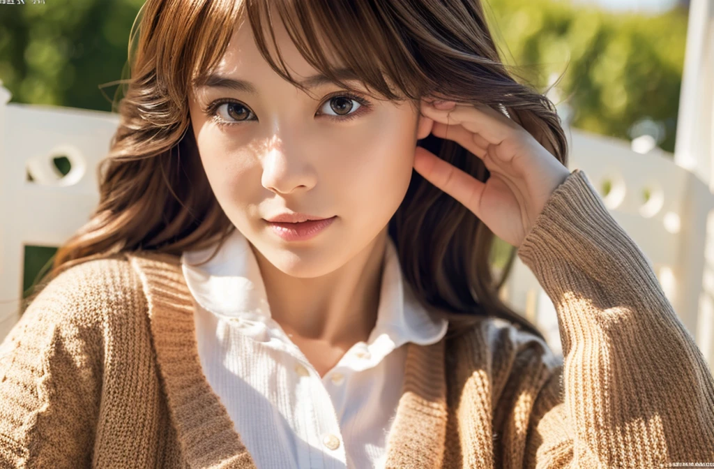 8K, top-quality, masterpiece, realisitic, Photorealsitic, ultra-detailliert, Natural sunlight, extremely detailed face and skin, A detailed eye, Highly detailed face-to-skin intermediate shots, Beautiful woman looking at camera, sexy pose, Beautiful face, Realistic face, Detailed face, Beautiful hairstyle, Realistic eyes, Detailed eyes, Realistic skin, Detailed skin, Beautiful skin, Attractive, A hyper-realistic, Sexy cardigan, Gentle, Brown hair, cute Japanese girls, Full body