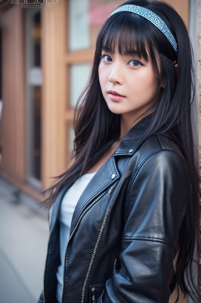 30-year-old woman,Black Hair,Asian,Korean style long hair,Headband,Long Bangs,Blue Eyes,Dark Skin,leather jacket,Tattoo