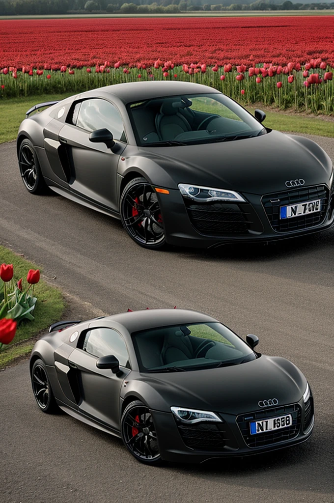 Matte black Audi R8 in a field of red tulips 
