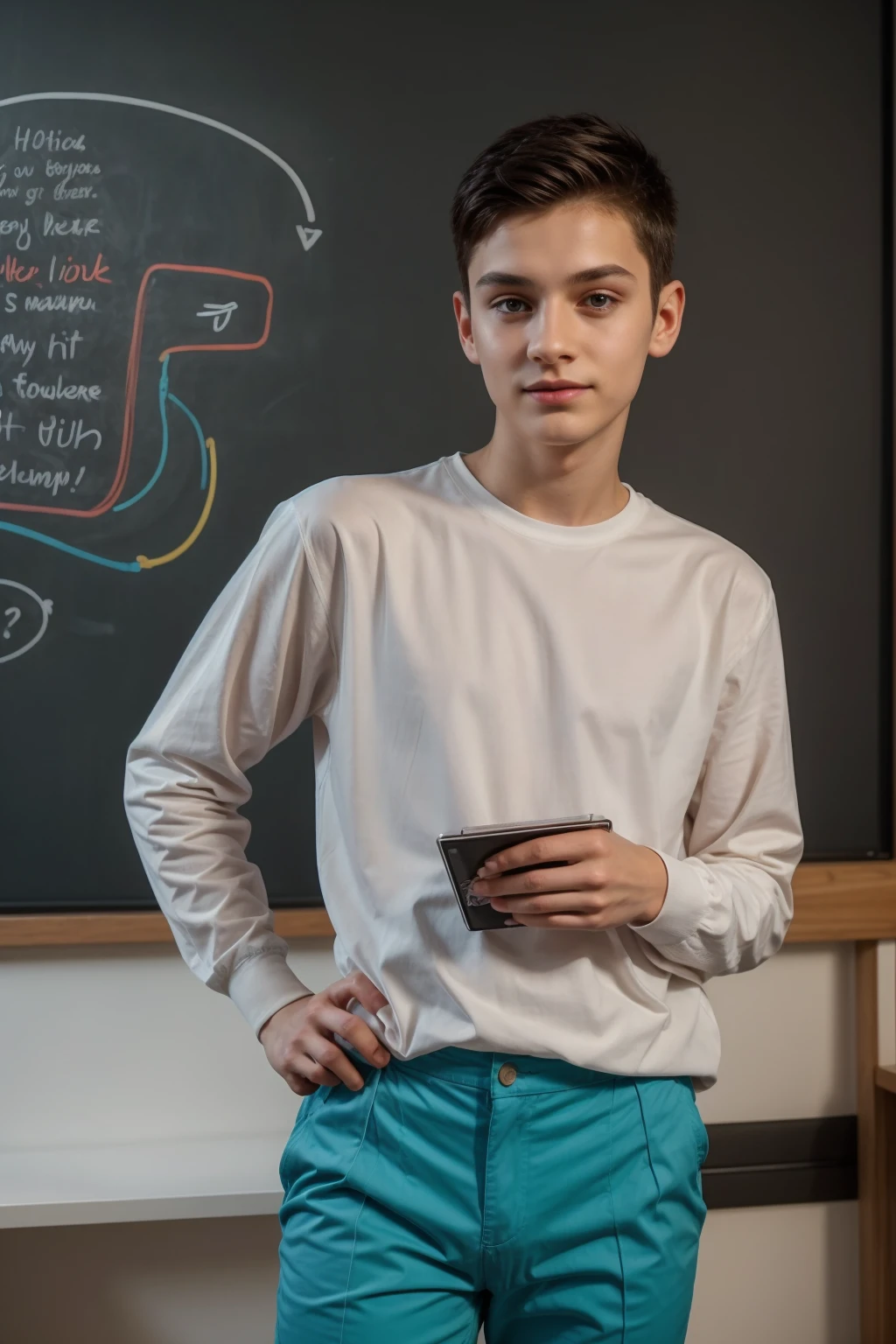 A beautiful young man, a cute male twink, with black hair, a face with reddish make-up, wearing a bright white long-sleeved shirt and aqua blue pants. He is in his office, and behind him is a blackboard on which is written the shape of the brain and its anatomy, and nuclear energy comes out of it, and he looks on proudly.