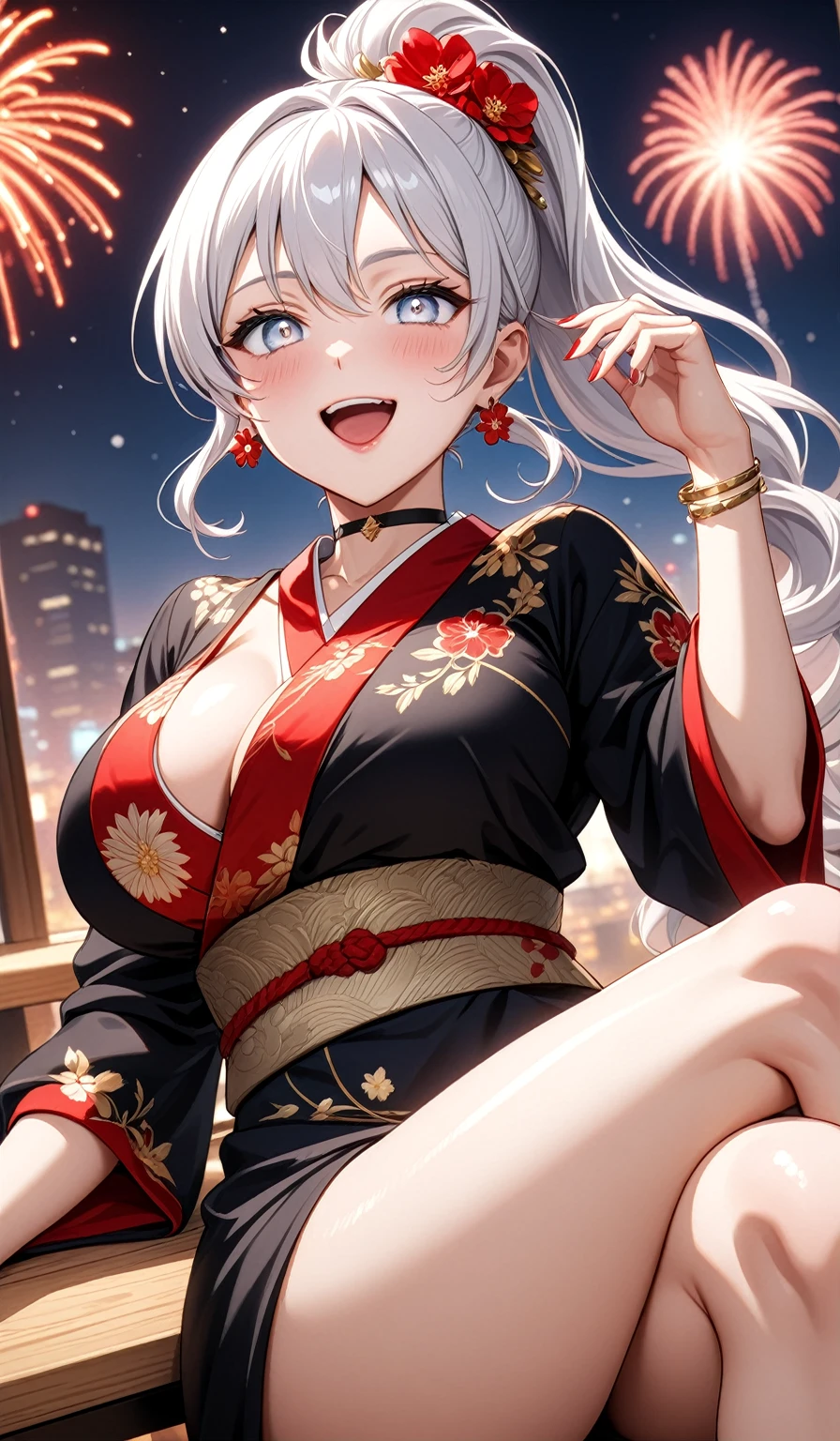 ((One personの女性)), Beautiful Face,Laughing embarrassedly,((Wink:1.7)), sit, ((crossed legs:1.4)), panty shot, Touching hair with hands,looking at viewer, Laugh with your mouth wide open,((Bright red cheeks:1.4)),Glossy Red Lips,Night view,Heights,firework,Laughing with your mouth open,Lighting on the face,((Anime style background)),masterpiece, Highest quality, so beautiful,Latest, Complex details, (Pink long nails), (ring),(bracelet),(choker),AI-generated, Complex,High resolution, Highest quality, super high quality,3D Images、3D Images,One person,Long white hair,High Ponytail,((blue eyes)),写真のポーズをとるAnime Women, ((Fine grain、Silvery white, lightly pigmented eyes、Shining Eyes:1.4)),(Squint your eyes:1.1),a hyperRealistic , hyperRealistic , Realistic,Anime Women,Smooth anime CG art, A woman in a colorful kimono with gold embroidery, (Black long sleeve kimono),Red floral pattern,Long flower hair ornament,Floral Earrings,Mature Body,(Big Breasts:1.1),Tall,Abdominal muscles,Tight waist,(Zoom up to face:1.4), (dynamic angle),