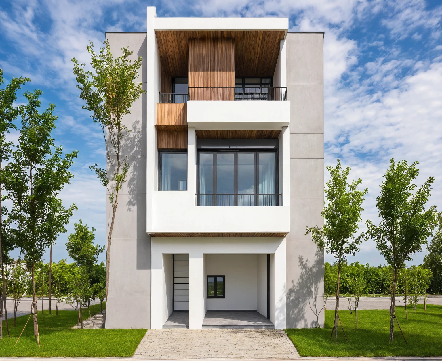 Masterpiece, high quality, best quality, authentic, super detail, outdoors, house style modern,bietthuhn, white wall, glass windows, gate road,pavement, grass, trees,blue sky, cloud, (day:1.1), realistic lighting