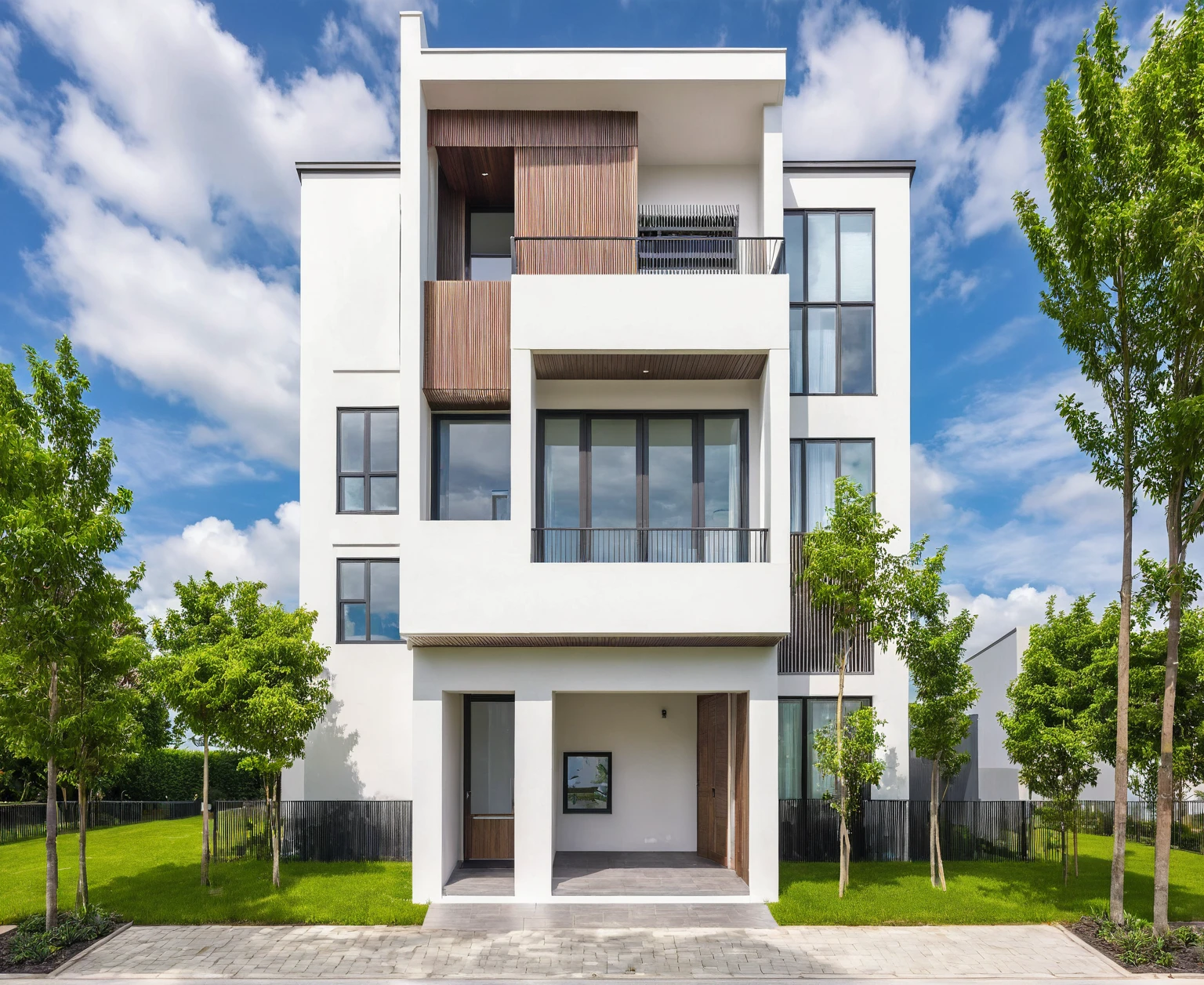 Masterpiece, high quality, best quality, authentic, super detail, outdoors, house style modern,bietthuhn, white wall, glass windows, gate road,pavement, grass, trees,blue sky, cloud, (day:1.1), realistic lighting