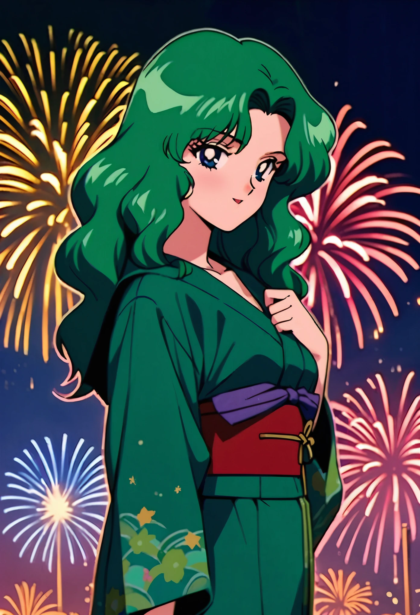 masterpiece,best quality,very aesthetic,ultra detailed,intricate details,Sailor Neptune XL,1990s \(style\),1girl,solo,green eyes,long hair,green hair,kimono,firework background,cowboy shot,happy,