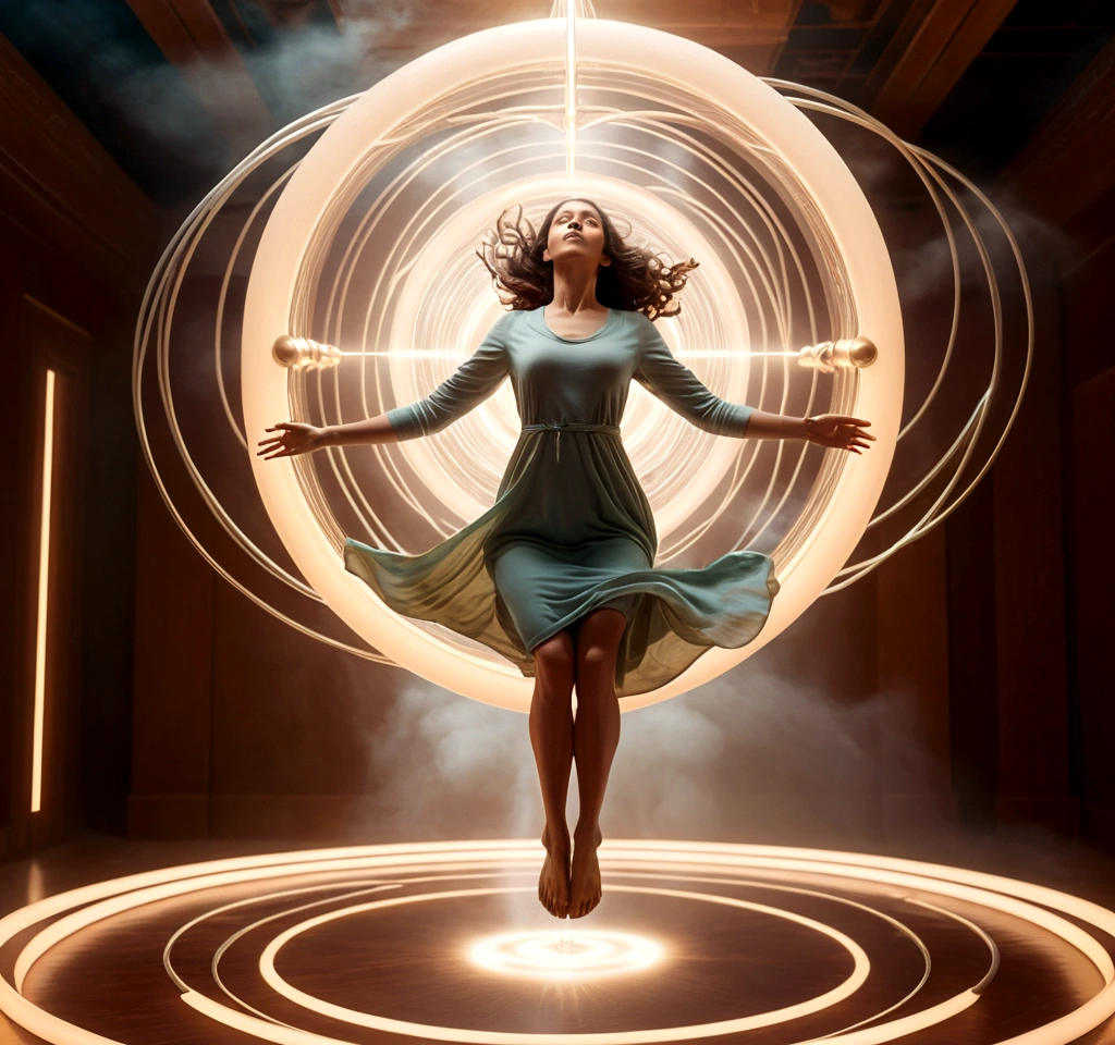 a woman levitating in a surreal, dreamlike environment, realistic, photorealistic, highly detailed, full action poses. surrounded by glowing magnetic energy fields, ethereal, otherworldly, warm color palette, dramatic lighting, cinematic composition¡Descubre los Secretos de la Levitación Magnética!
