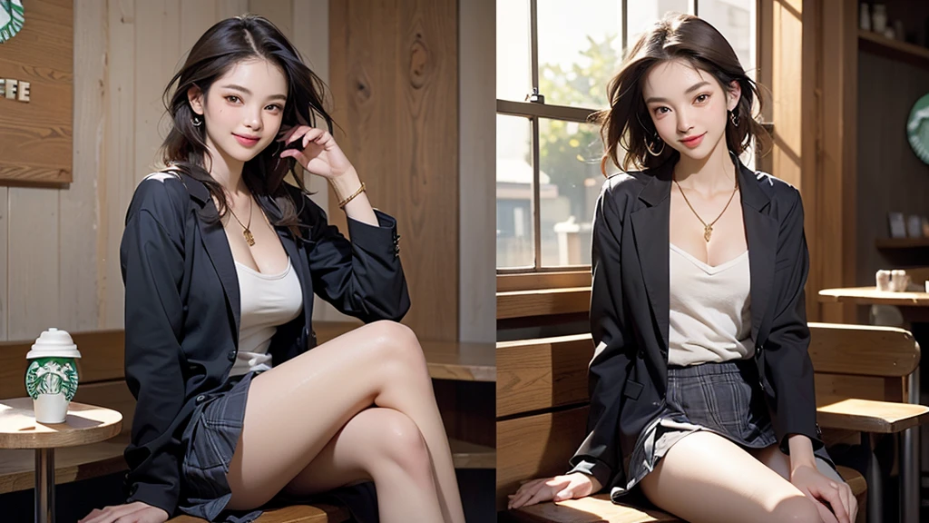 (((night,真night中))),((Perfect Anatomy:1.2,Realistic:1.3,RAW Photos:1.3,masterpiece、Highest quality、Ultra - High resolution、High resolution、Highly detailed CG、8K)),Cowboy Shot,((attractive way to sit)),1 female,alone,18-year-old、High school girl beautiful girl,Japanese,((Beautiful and graceful face and eyes:1.2,Big beautiful eyes:1.3,)),blonde,Long Hair,(Center parted hair:1.4,amount),Medium Chest,Slender body,Small Head:1.3,skinny,(Brown Skin:1.4),(Oily skin,Glowing Skin,Shiny skin,Sweat:1.2),(school uniform、Dark blue blazer jacket、Checkered pleated mini skirt),Dirty back alley、Tokyo、((Turn your body forward))
(((((Inside the Starbucks store)))))、歳のFemale studentの女、((((Eat cake、Drink coffee、smile))))、((Heart Necklace、Gold bracelet))((Young face))
(((((Stylish interior)))))、
(((Female student)))
((Emphasize cleavage))
((((Woman sitting at the window seat))))