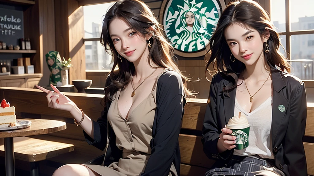 (((night,真night中))),((Perfect Anatomy:1.2,Realistic:1.3,RAW Photos:1.3,masterpiece、Highest quality、Ultra - High resolution、High resolution、Highly detailed CG、8K)),Cowboy Shot,((attractive way to sit)),1 female,alone,18-year-old、High school girl beautiful girl,Japanese,((Beautiful and graceful face and eyes:1.2,Big beautiful eyes:1.3,)),blonde,Long Hair,(Center parted hair:1.4,amount),Medium Chest,Slender body,Small Head:1.3,skinny,(Brown Skin:1.4),(Oily skin,Glowing Skin,Shiny skin,Sweat:1.2),(school uniform、Dark blue blazer jacket、Checkered pleated mini skirt),Dirty back alley、Tokyo、((Turn your body forward))
(((((Inside the Starbucks store)))))、歳のFemale studentの女、((((Eat cake、Drink coffee、smile))))、((Heart Necklace、Gold bracelet))((Young face))
(((((Stylish interior)))))、
(((Female student)))
((Emphasize cleavage))
((((Woman sitting at the window seat))))