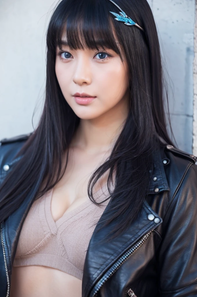 30-year-old woman,Black Hair,Asian,Korean style long hair,Headband,Long Bangs,Blue Eyes,Dark Skin,leather jacket,Tattoo