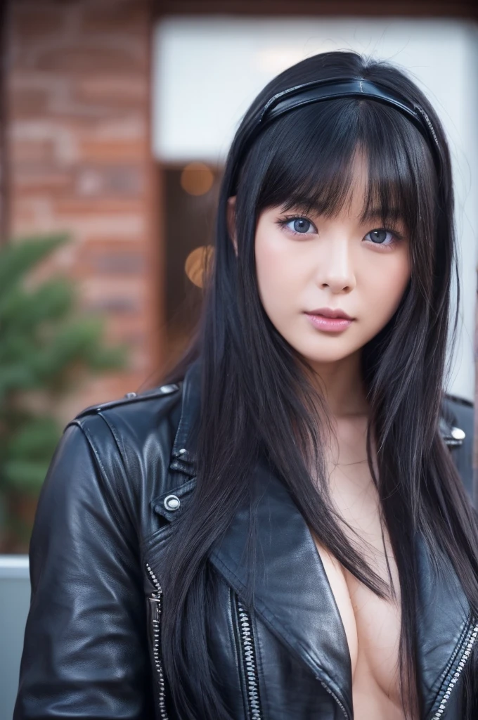 30-year-old woman,Black Hair,Asian,Korean style long hair,Headband,Long Bangs,Blue Eyes,Dark Skin,leather jacket,Tattoo