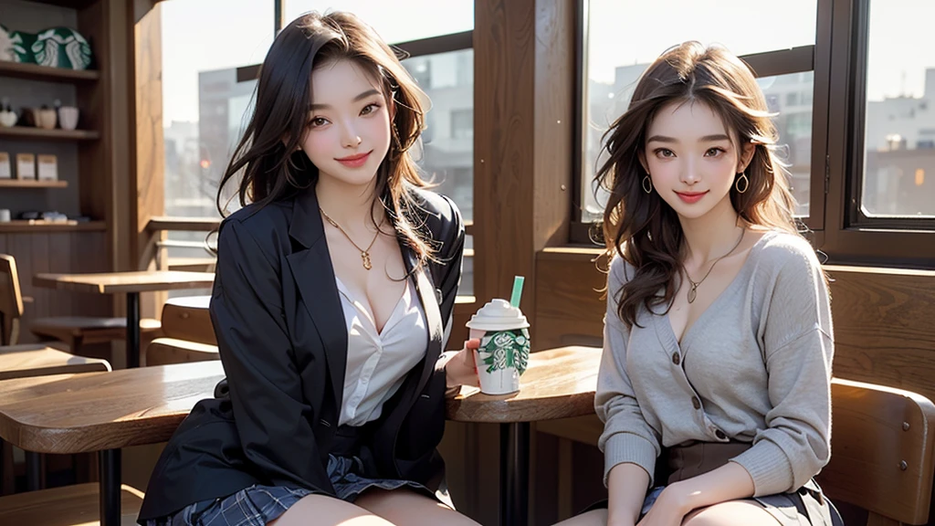 8K、RAW Photos、Highest quality、Super detailed、Super Resolution、Ultra HD、8K壁紙、Amazing details inside a Starbucks、16 year old school girl in uniform、Eat cake、Drink coffee、smile((Emphasize cleavage))