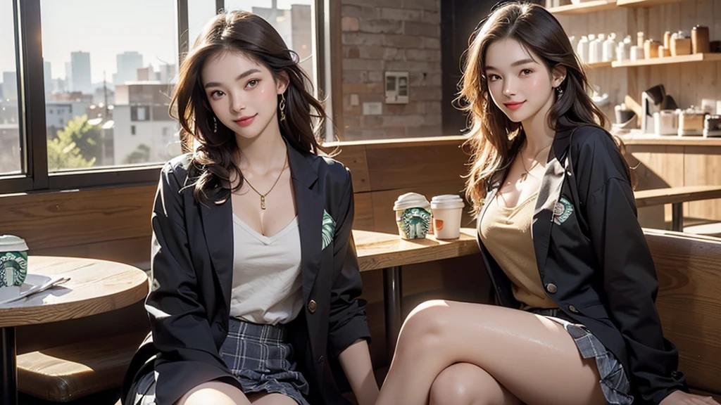 (((night,真night中))),((Perfect Anatomy:1.2,Realistic:1.3,RAW Photos:1.3,masterpiece、Highest quality、Ultra - High resolution、High resolution、Highly detailed CG、8K)),Cowboy Shot,((attractive way to sit)),1 female,alone,18-year-old、High school girl beautiful girl,Japanese,((Beautiful and graceful face and eyes:1.2,Big beautiful eyes:1.3,)),blonde,Long Hair,(Center parted hair:1.4,amount),Medium Chest,Slender body,Small Head:1.3,skinny,(Brown Skin:1.4),(Oily skin,Glowing Skin,Shiny skin,Sweat:1.2),(school uniform、Dark blue blazer jacket、Checkered pleated mini skirt),Dirty back alley、Tokyo、((Turn your body forward))
(((((Inside the Starbucks store)))))、16歳のFemale studentの女、((((Eat cake、Drink coffee、smile))))、((Heart Necklace、Gold bracelet))((Young face))
(((((Stylish interior)))))、
(((Female student)))
((Emphasize cleavage))
((((Woman sitting at the window seat))))