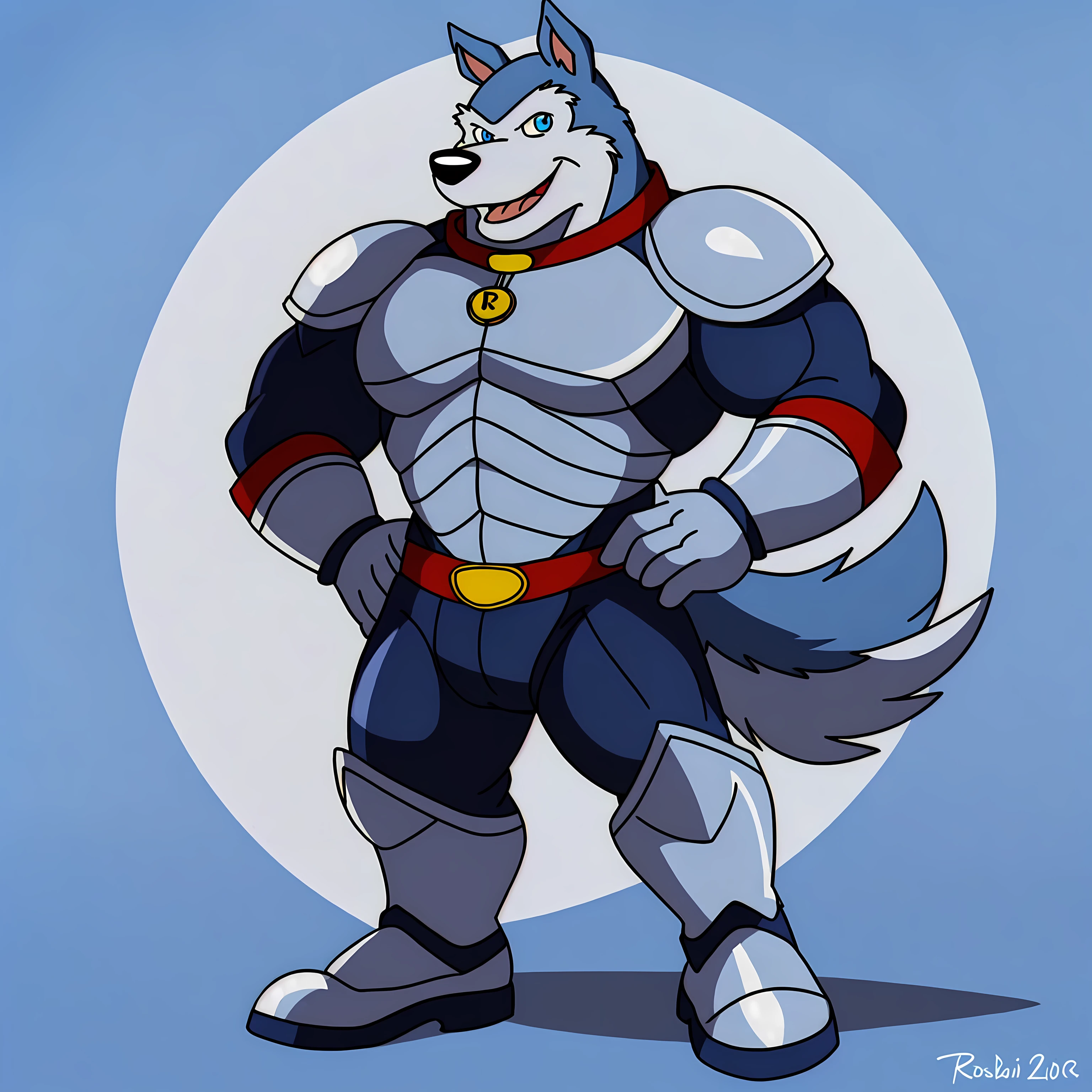 Exile (Road Rovers), blue fur, white fur, anthro, pointy ears, dog, solo, full body, muscular, pectorals, red dog collar, pet tag coin, smile, high quality, best resolution, cel shaded, light blue eyes, detailed eyes, silver uniform, silver armor, silver gloves, silver boots, red belt, white background, no background, standing, looking at camera, by wfa, by rossciaco, by fabfelipe