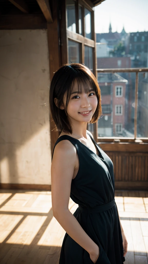 (Highest quality,masterpiece:1.3,Ultra-high resolution),(Very detailed,Caustics,8K), (Realistic:1.4, RAW shooting),(A city shrouded in mystery, Dense teeth), Sunlight shining through ,Light pours down,26 years old,cute,Are standing,(smile),Looking into the camera,Short black hair,(Shiny Dress), (whole body),(Low position),(Low Angle),Natural light,