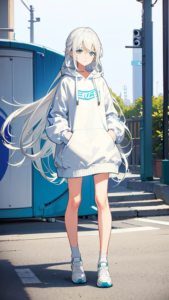 whole body、Character portrait、White Hair、Blue-green eyes、Long Hair、Straight Hair、White hoodie、White shoes、White background、Simple Background