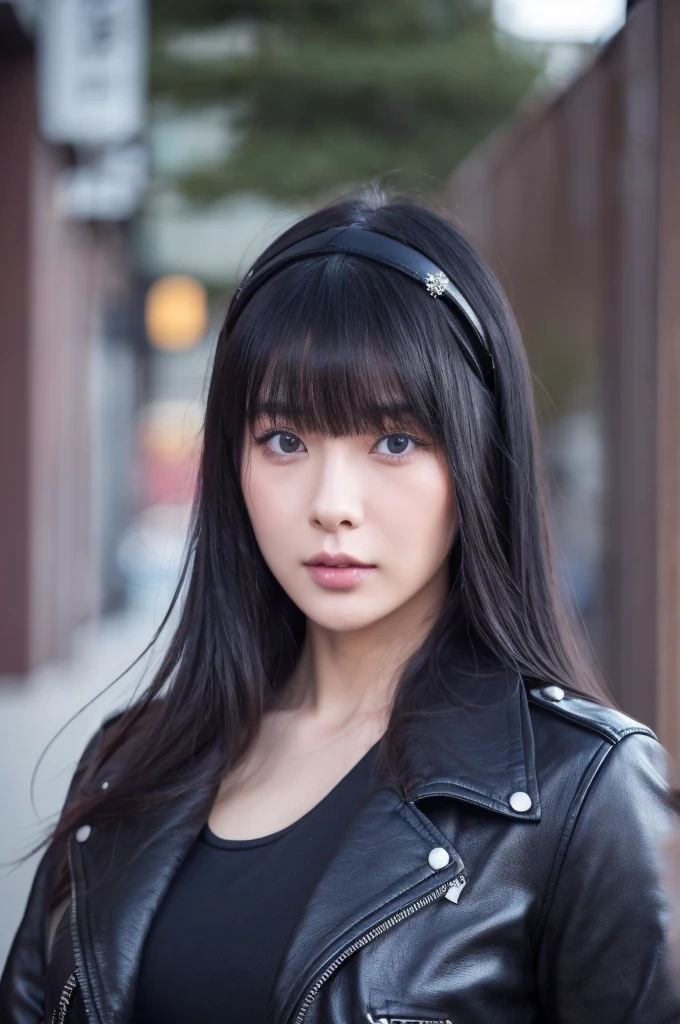 30-year-old woman,Black Hair,Asian,Korean style long hair,Headband,Long Bangs,Blue Eyes,Dark Skin,leather jacket,Tattoo