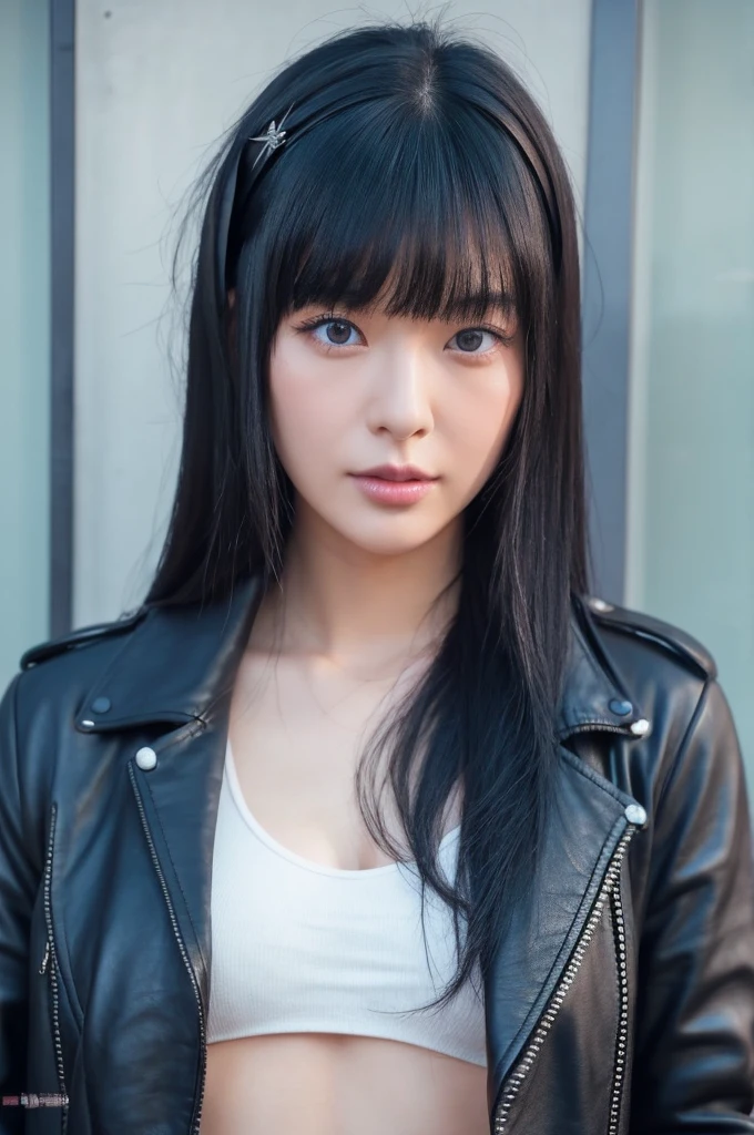 30-year-old woman,Black Hair,Asian,Korean style long hair,Headband,Long Bangs,Blue Eyes,Dark Skin,leather jacket,Tattoo