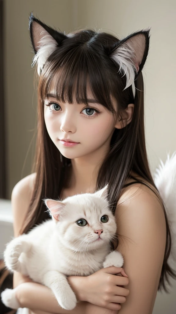 Ultra cute normal girl with a cat eared hat wearing short shorts and a blouse, holding a ultra cute soft white kitten, 36k resolution, classical oil paint art style, fume
