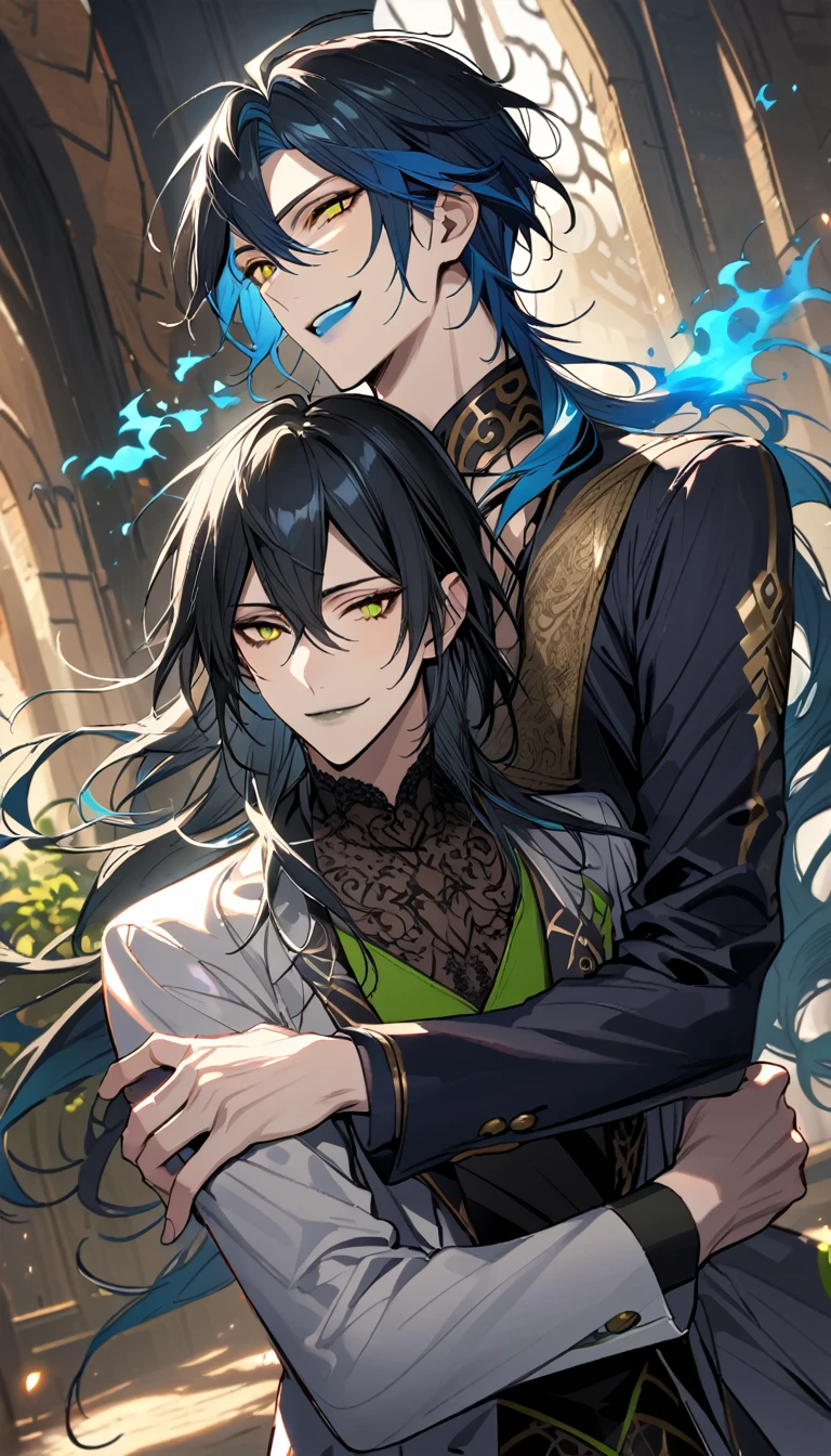 (pieces fly), (highest quality), very detailed, ((two men)), perfect face, beautiful face, very detailed face,(black haired man:1.3),(blue haired man:1.3),suit,shirt,smile,flower, (1st boy,Idia Shroud, bishounen, boy, male, extremely long hair, blue hair, blue fire hair, wavy hair, yellow eyes, tired expression, blue lips, handsome, skinny, geeky, blue glow, shark teeth,) (2nd boy, malleus draconia \(twisted wonderland\) horns, bishounen, boy, male, long hair, black hair, yellow green eyes, smile, gray lips, handsome, skinny, tall, yellow green glow,) Two men are hugging each,