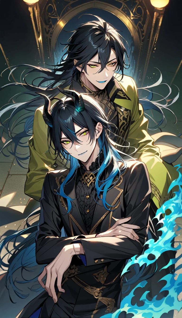 (pieces fly), (highest quality), very detailed, ((two men)), perfect face, beautiful face, very detailed face，(black haired man:1.3)，(blue haired man:1.3)，suit，shirt，smile，flower, (1st boy,Idia Shroud, bishounen, boy, male, extremely long hair, blue hair, blue fire hair, wavy hair, yellow eyes, tired expression, blue lips, handsome, skinny, geeky, blue glow, shark teeth,) (2nd boy, malleus draconia \(twisted wonderland\) horns, bishounen, boy, male, long hair, black hair, yellow green eyes, smile, gray lips, handsome, skinny, tall, yellow green glow,)  Two men are hugging each,