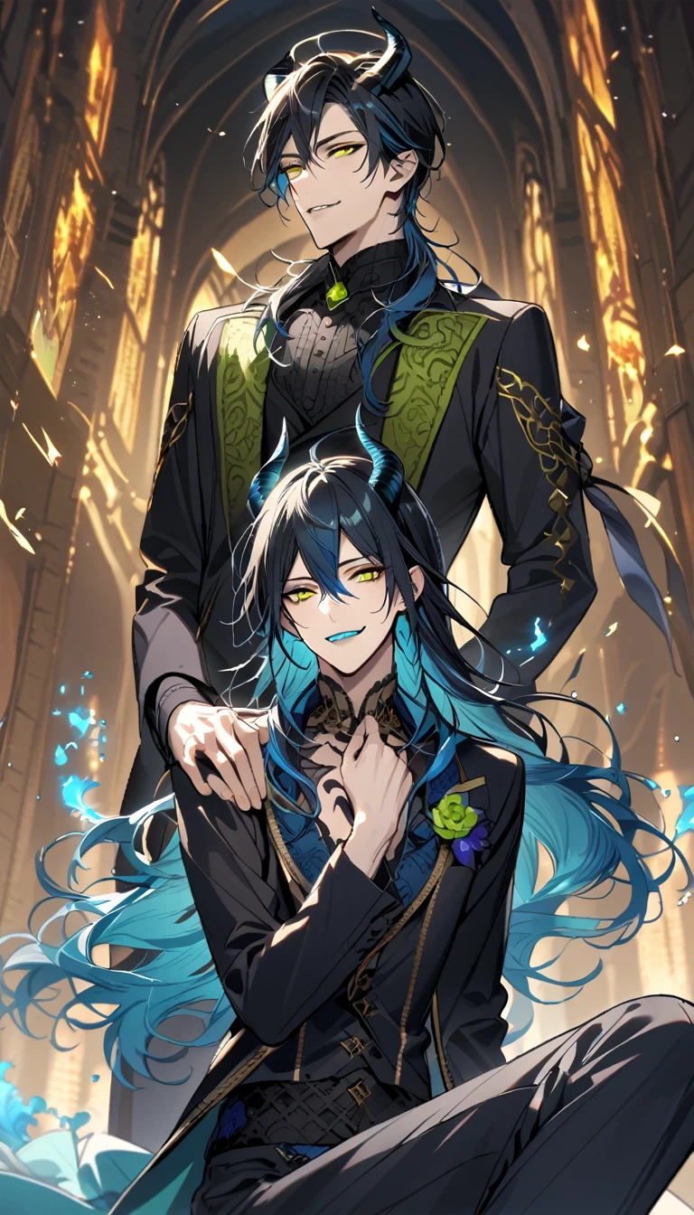 (pieces fly), (highest quality), very detailed, ((two men)), perfect face, beautiful face, very detailed face，(black haired man:1.3)，(blue haired man:1.3)，suit，shirt，smile，flower, (1st boy,Idia Shroud, bishounen, boy, male, extremely long hair, blue hair, blue fire hair, wavy hair, yellow eyes, tired expression, blue lips, handsome, skinny, geeky, blue glow, shark teeth,) (2nd boy, malleus draconia \(twisted wonderland\) horns, bishounen, boy, male, long hair, black hair, yellow green eyes, smile, gray lips, handsome, skinny, tall, yellow green glow,)  Two men are hugging each,