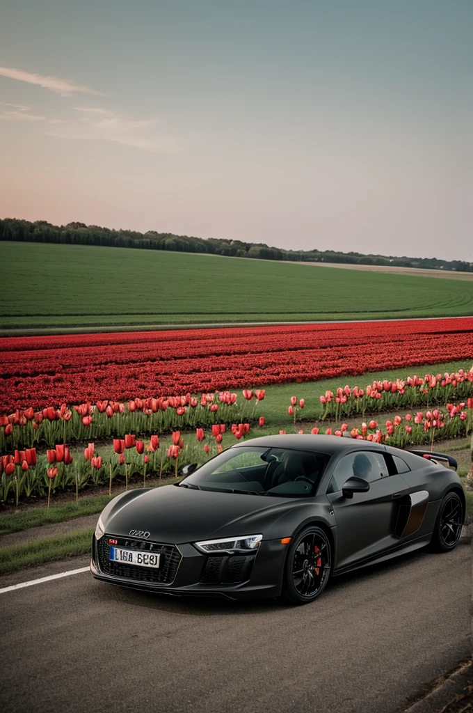 A matte black Audi R8 in a field of red tulips 
