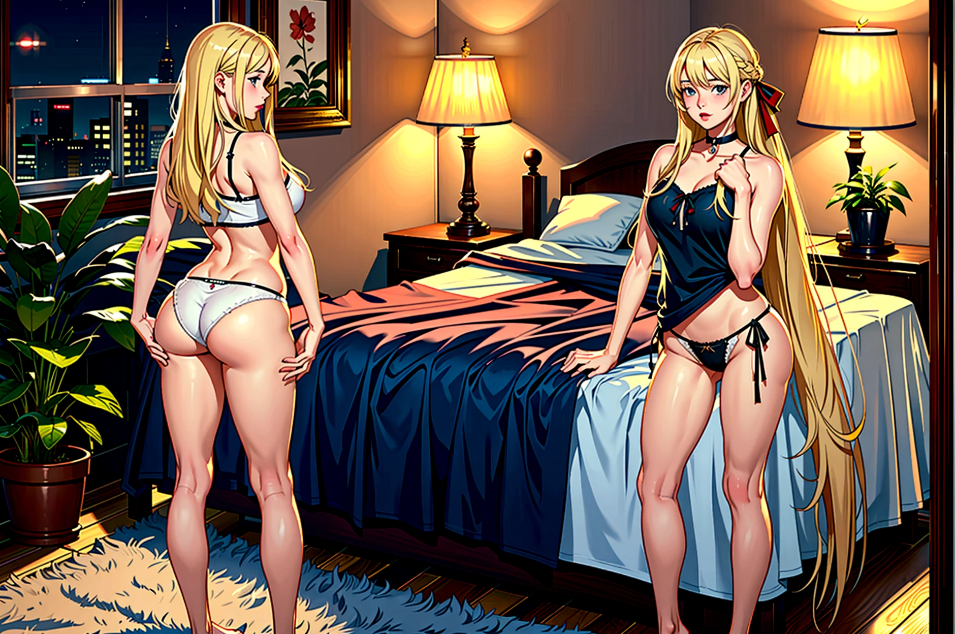 Night, 18-year-old girl, her room, lamp, potted plant, underwear, big , big ass, standing with legs spread, ribbon, blonde, long hair, alone, exquisite, beautiful,