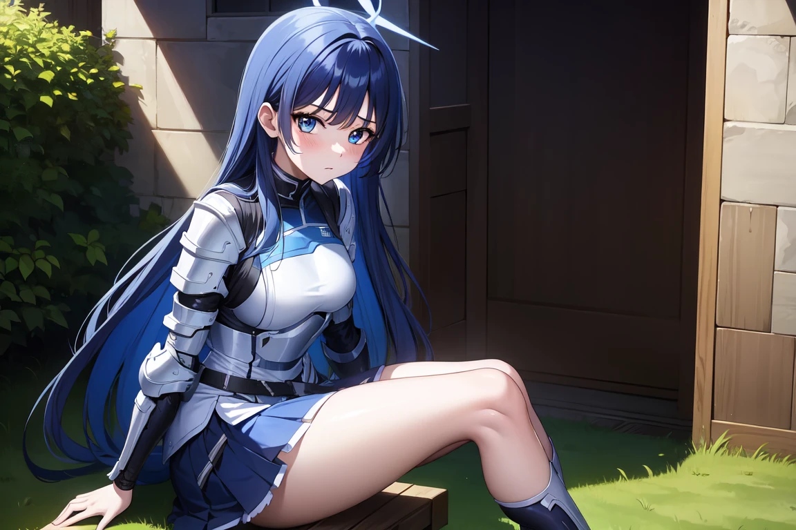 1girl,solo, saorijoumae, saori joumae, blue eyes, blue hair, halo, long hair, sitting, looking at viewer, adventurer clothes, light armor, outdoors