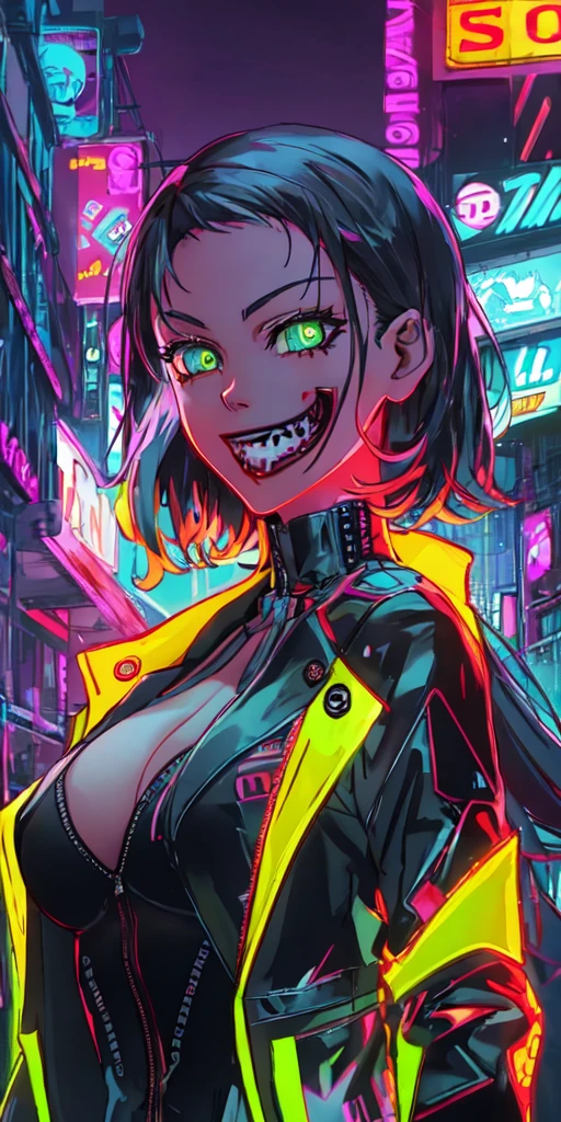 a masterpiece cyberpunk girl in a futuristic city, ((neon light:1.3)), professional lighting, colorful, ultra detailed, ribcage, demonic smile, skull, anime style, long black coat, open shirt, fire