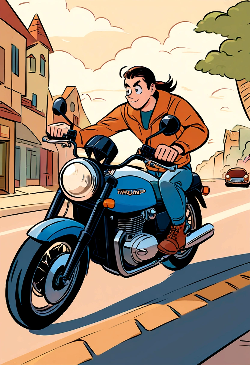 Disney Pixar style man and woman riding a motorcycle on a road with a Triumph motorbike, riding a motorcycle,Disney Pixar style, riding a Triumph motorbike, stylized digital illustration, riding on a illustrated globe, riding a motorbike down a street, riding around the beach, riding a motorbike, epic smooth illustration, motorbiker, motorcycles, motorcycle, couple sitting on a motorcycle