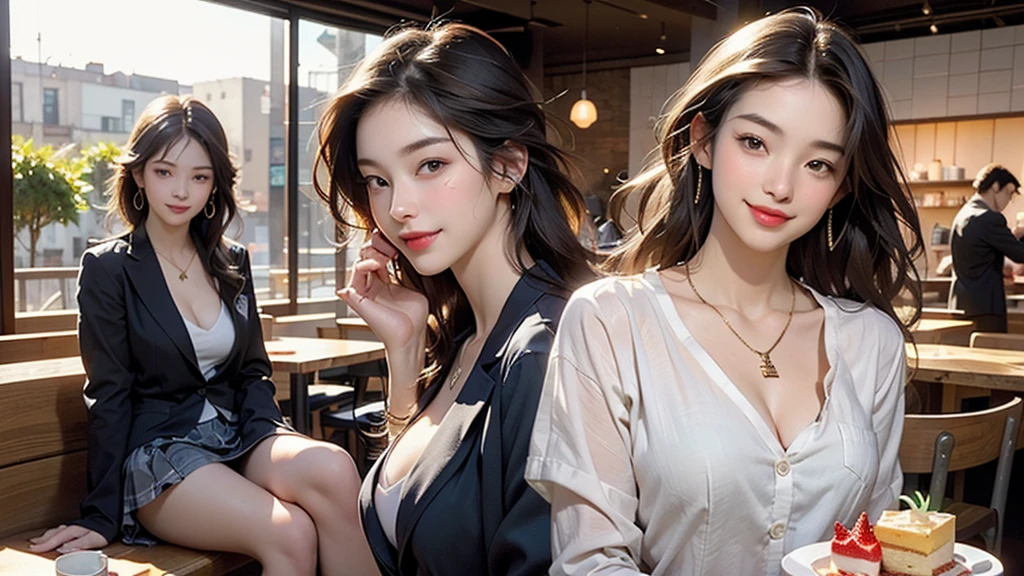 (((night,真night中))),((Perfect Anatomy:1.2,Realistic:1.3,RAW Photos:1.3,masterpiece、Highest quality、Ultra - High resolution、High resolution、Highly detailed CG、8K)),Cowboy Shot,((attractive way to sit)),1 female,alone,18-year-old、High school girl beautiful girl,Japanese,((Beautiful and graceful face and eyes:1.2,Big beautiful eyes:1.3,)),blonde,Long Hair,(Center parted hair:1.4,amount),Medium Chest,Slender body,Small Head:1.3,skinny,(Brown Skin:1.4),(Oily skin,Glowing Skin,Shiny skin,Sweat:1.2),(school uniform、Dark blue blazer jacket、Checkered pleated mini skirt),Dirty back alley、Tokyo、((Turn your body forward))
(((((Inside the Starbucks store)))))、歳のFemale studentの女、((((Eat cake、Drink coffee、smile))))、((Heart Necklace、Gold bracelet))((Young face))
(((((Stylish interior)))))、
(((Female student)))
((Emphasize cleavage))
((((Woman sitting at the window seat))))