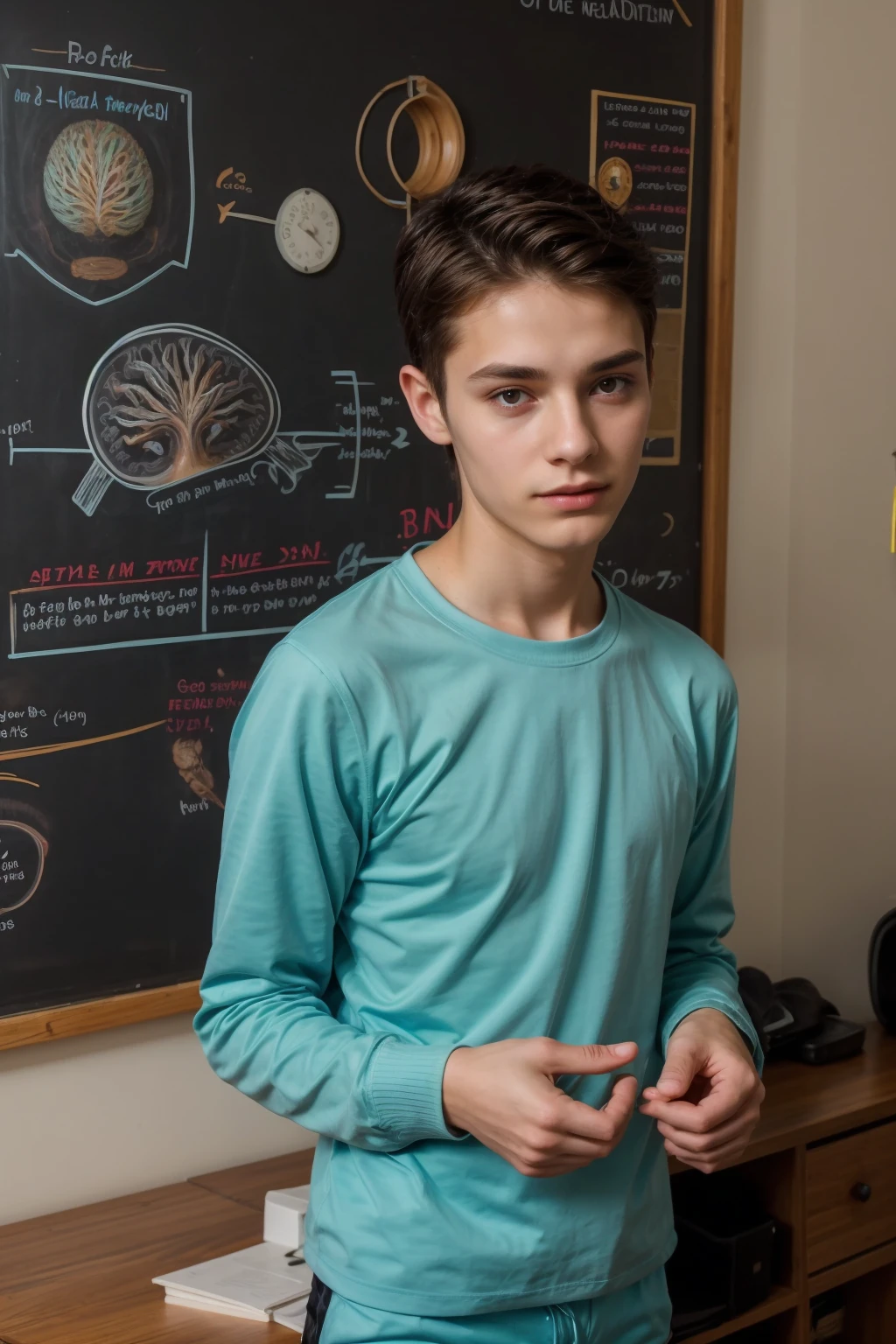 A beautiful young man, a cute male twink, with black hair, a face with reddish make-up, wearing a bright white long-sleeved shirt and aqua blue pants. He is in his office, and behind him is a blackboard on which is written the shape of the brain and its anatomy, and nuclear energy comes out of it, and he looks on proudly.