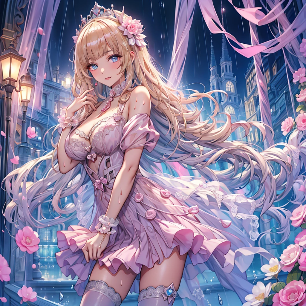 Ruffles sewn into a large number of clothes Panier Berry Long Skirt Illustrated style Anime Style Frown Very small mouth Smile shyly Kindergarteners Very short stature Baby Face beautiful girl Very cute clothes very large chest Very distended chest Pink cheeks In the city Princess Room Sleeping in a cute frilly bed with a canopy Blonde Long Hair Super Curly Hair Super long sideburns 濡れて透けたSee-throughの衣服 Wet and sheer turtleneck shocking pink silk wedding dress Princess Tiara Wet and transparent very long shocking pink silk skirt Wet and transparent pearl white silk tights Wet and transparent pearl white silk innerwear Metallic luster A large amount of hot pink silk ribbons attached to the clothes Soaked in the rain Wet and transparent pearl white super long silk gloves Shocking pink silk pantyhose with fine embroidery that becomes transparent when wet silk garter belt Pitiful clear Big eyes Droopy eyes Shocking Pink Rouge Super long white leather boots Wet and see-through white silk bodysuit See-through Clothes that are see-through from the rain Clothes are wet with sweat and transparent