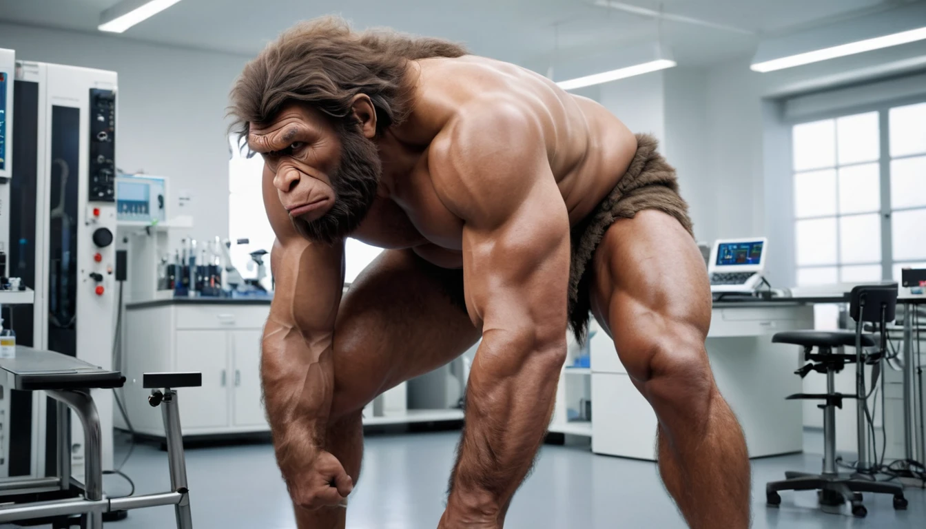 (RAW photo of a Neanderthals:1) , (hyper realistic:1.4), (Neanderthal man),transformation,(half gorilla mix :0.55), tall, (very muscular:1.8), (hairy body:1.5),(detail face:1.1), tan skin, thick arms, (veiny arms:1), (bloated gut:1.1),(wearing loincloth:1.1), thick legs, rounded pecs, big arms, veiny arms, dark brown skin, ( in a lab surrounded by small scientists:1.1) ,hdr, photorealistic
masterpiece, cinematic, best quality, sharp focus, 