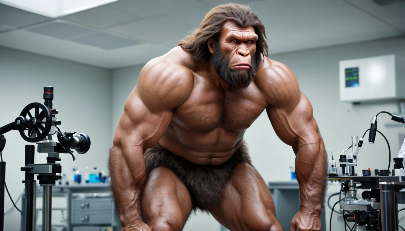 (RAW photo of a Neanderthals:1) , (hyper realistic:1.4), Historical, primitive, (Neanderthal man),(half gorilla mix :0.55), tall, (very muscular:1.8), (hairy body:1.5),(detail face:1.1), tan skin, thick arms, (veiny arms:1), (bloated gut:1.1),(wearing loincloth:1.1), thick legs, rounded pecs, big arms, veiny arms, hunching down, dark brown skin, ( in a lab surrounded by thin scientists:1.1) ,hdr, photorealistic
masterpiece, cinematic, best quality, sharp focus,